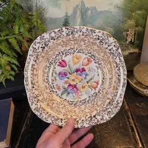 Vintage H&K Tunstall Old English Sampler 8" Petit-Point Gold Chintz Bowl